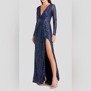 NWT IEENA/MAC DUGGAL SZ 4 MIDNIGHT BLUE HIGH SLIT V-NECKLINE GOWN #26490